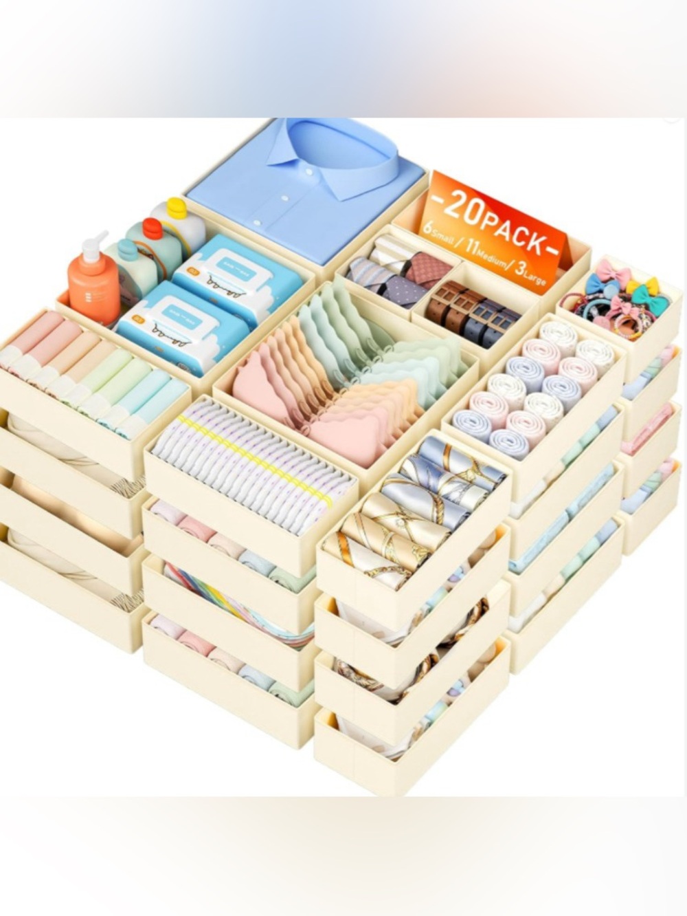 Amazon Cream Modular Drawer Organizer Set with Pastel Inserts — 20-Pack